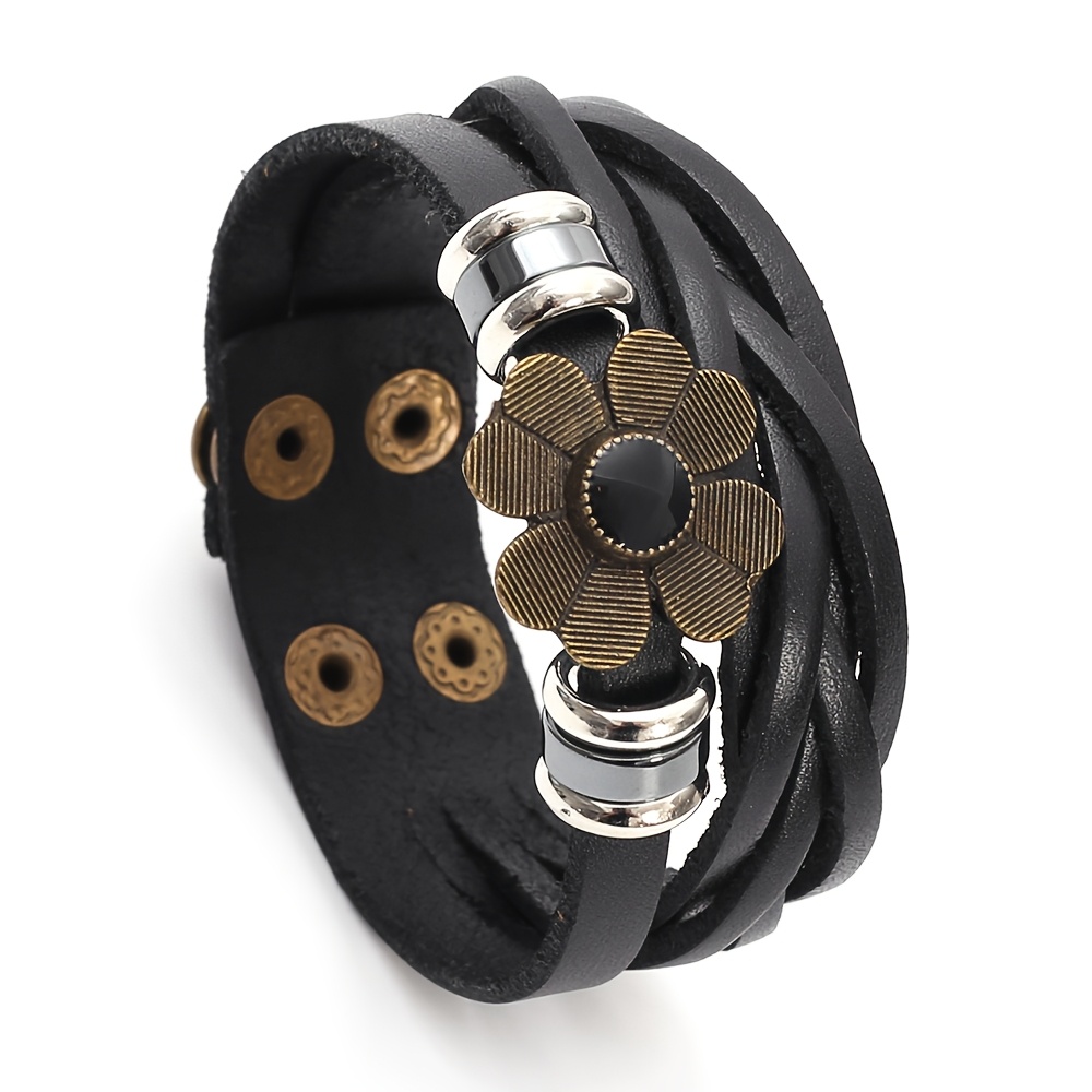 TEMU Pulsera de cuero tejido de moda vintage minimalista europea y americana, unisex con decoración de flor, accesorio de cuero para , para