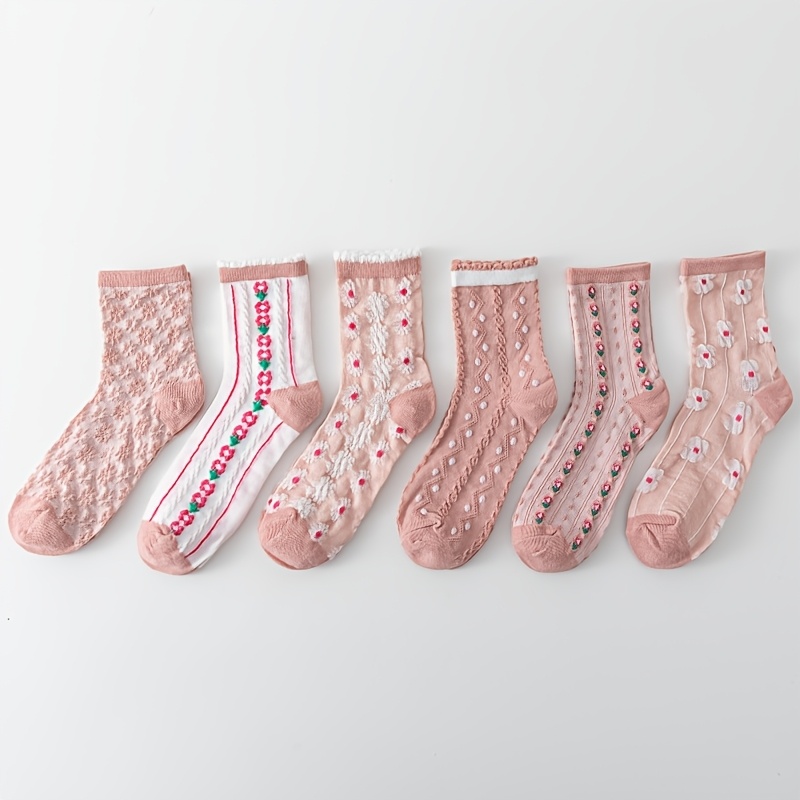 TEMU 6- Women's Cute Socks, Mid- Length, Embossed, , Comfortable, Polyester & , & Dry , Embroidered, Knit , Fashion Accessories