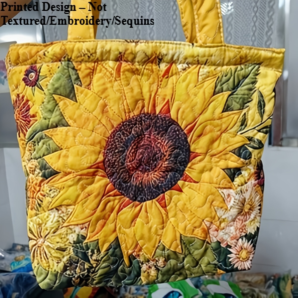 TEMU Printed Design Not Textured/embroidery/sequins, Quilted Sunflower Tote Bag, Vintage Boho Floral Tote Bag, Large Capacity Women's Shoulder Bag,