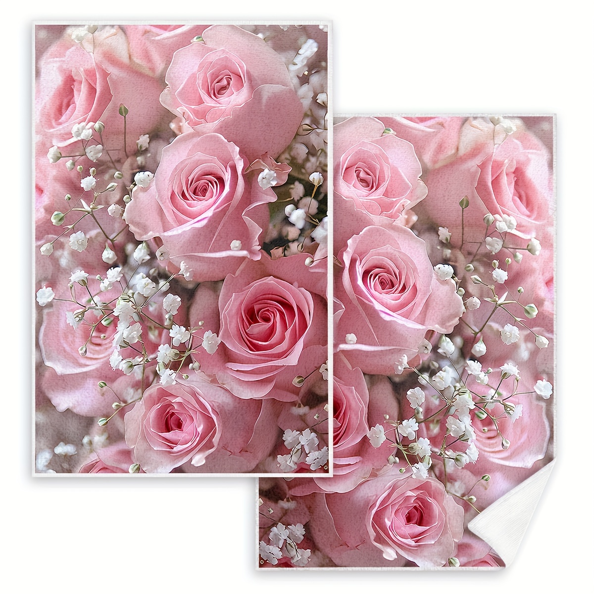 Image of Roses, 2pcs Set, Hand Towels, Decorative Kitchen Dish Towels, Scouring Pads, Absorbent Cloth Tea Towels, Ideal For Cooking, Baking, Housewarming Gifts, Cleaning Supplies, Bathroom Essentials