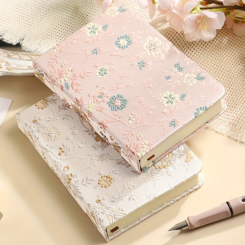 Luxury A6 Embroidered Silk Cover Notebook - 256 Pages, Lined 3.9 x 5.7", Antique Style Fabric Journal for Students and Office Use