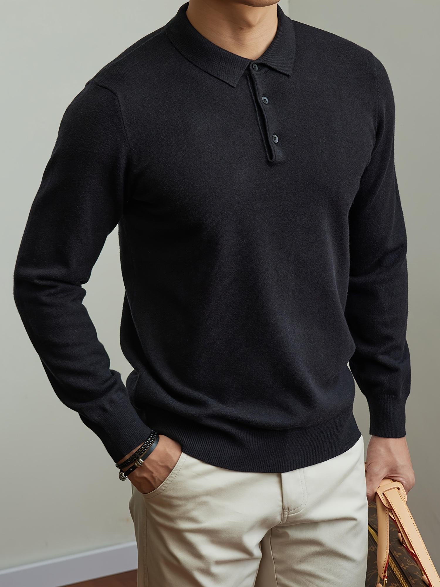 Business Casual Black Sweater Men's Wool Blend Knit Sweater