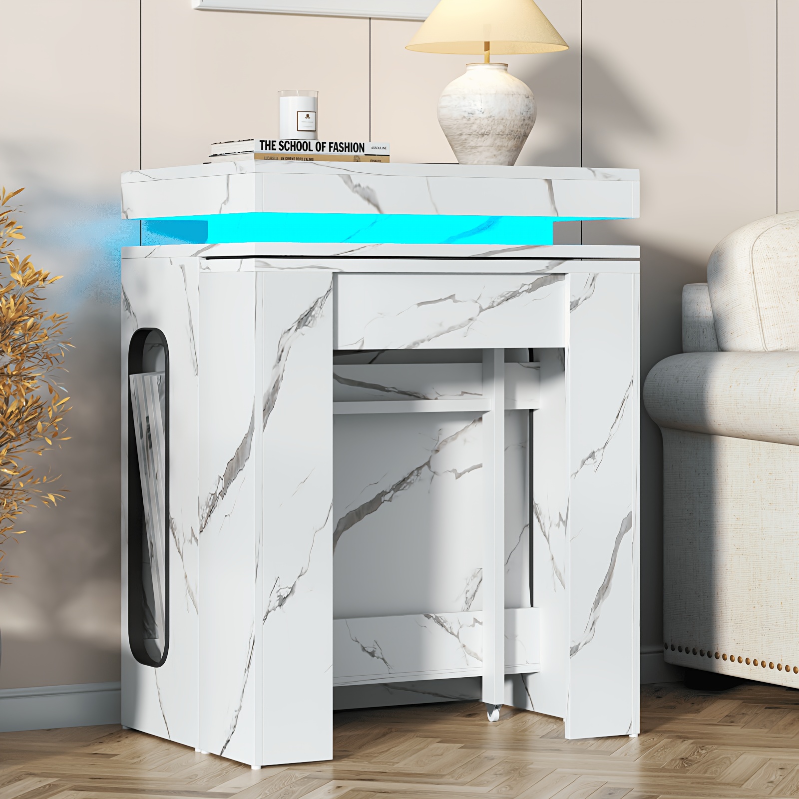 Extendable Dining Room Table with Charging Station & LED Lights, White Faux Marble Table, 19.7