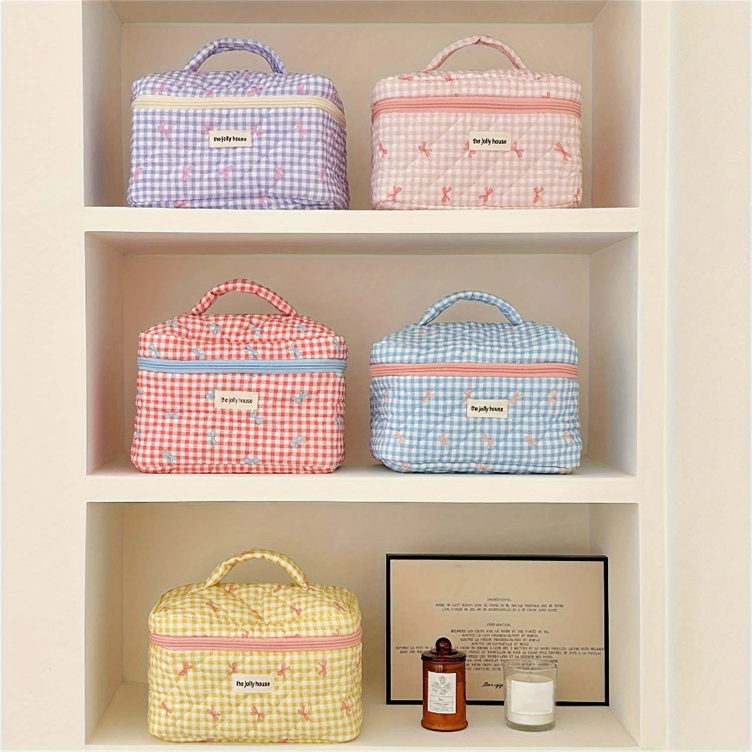 

Plaid Bow Cosmetic Bag, Large Capacity, Portable Travel Organizer, Toiletry Storage Pouch With Handle