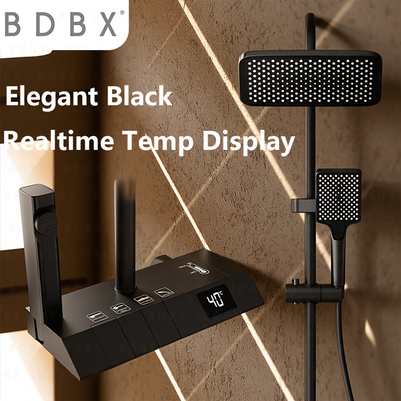 TEMU Système de douche élégant avec écran numérique de température en , grand pommeau de douche carré à effet pluie et tige de douche à main