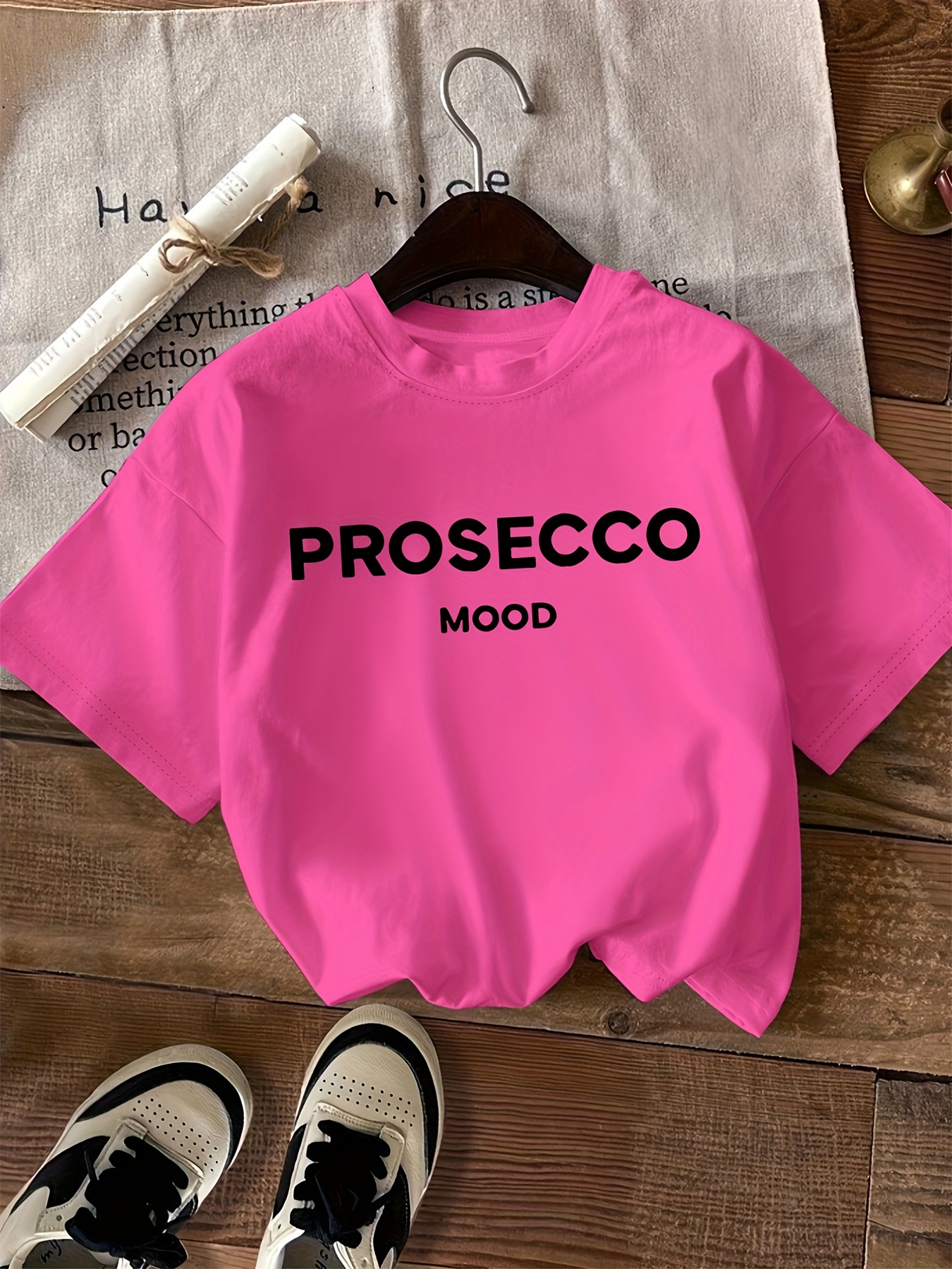 Letter print t-shirt, short sleeve crew neck casual top, Women's clothing