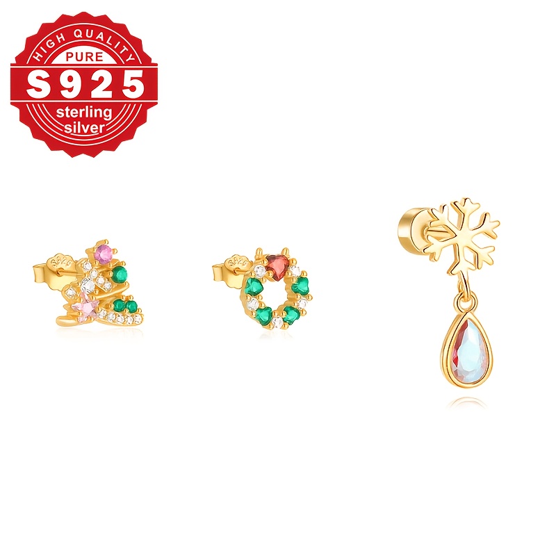 3pcs Christmas Themed S925 Silver Stud Earrings Set, Gift for Her
