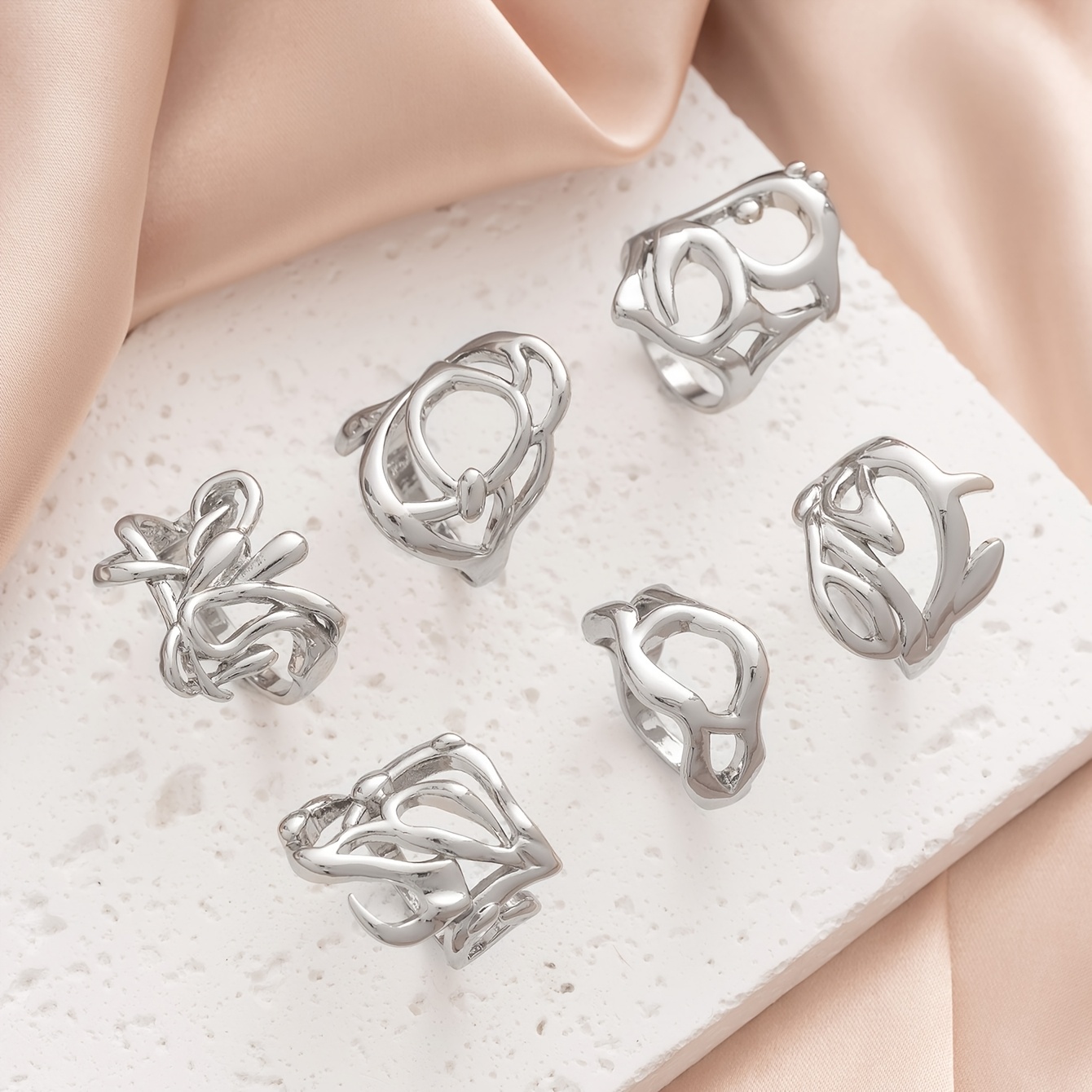 Image of 6pcs Punk Hollow Geometric Thorn Set, Gothic Dark Irregular Hollow Liquid , Suitable For Daily Or Party Wear For Men And Women, Stackable Rings