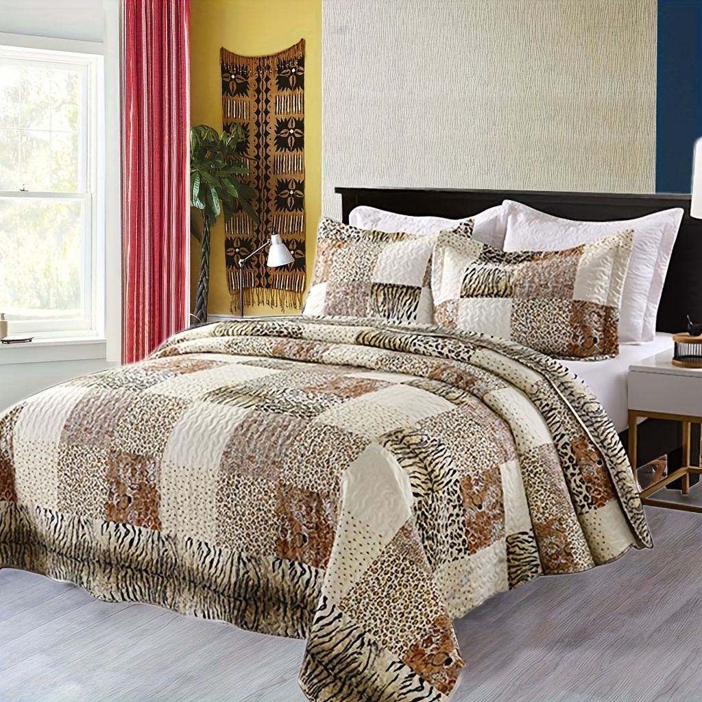 

3 Pcs Queen Size Quilted Bedspread Leopard Print Quilt Set Bedding Throw Blanket Coverlet Animal Print Bedspread Ensemble