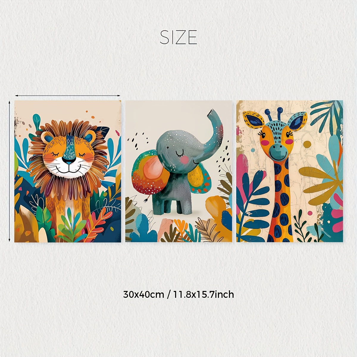 E-shop 3-teiliges Set rahmenloser Art-Deco-Tier-Leinwand-Wandkunst, Modern, Löwe, Elefant, Giraffe Drucke, Hochformat, Indoor-Dschungel-Thema, mit