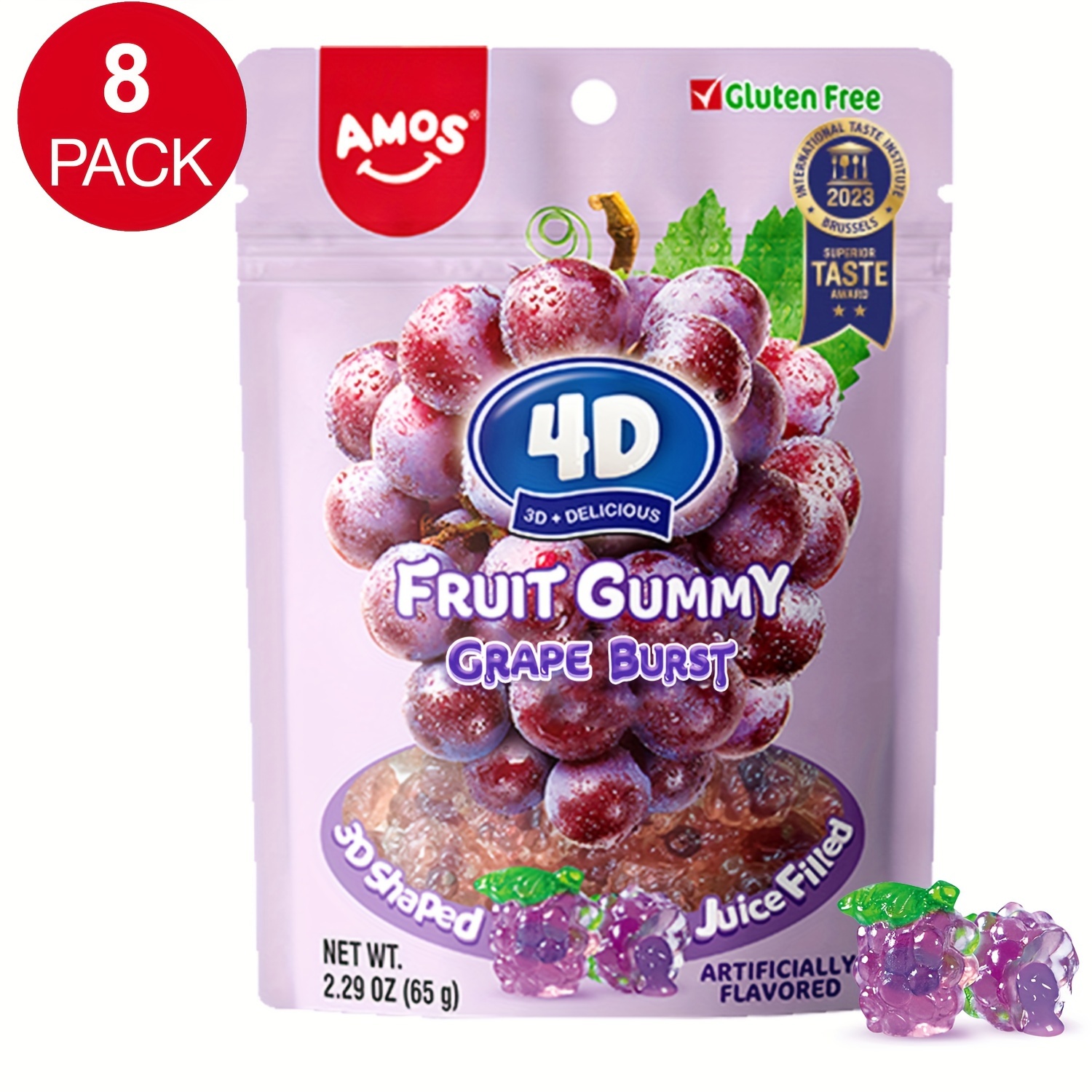 

8packs, Amos 4d Fruit Gummy Grape Burst, Jelly Filled, Grape Flavor, Soft And Chewy, Gluten Free, 2.29oz Per Bag