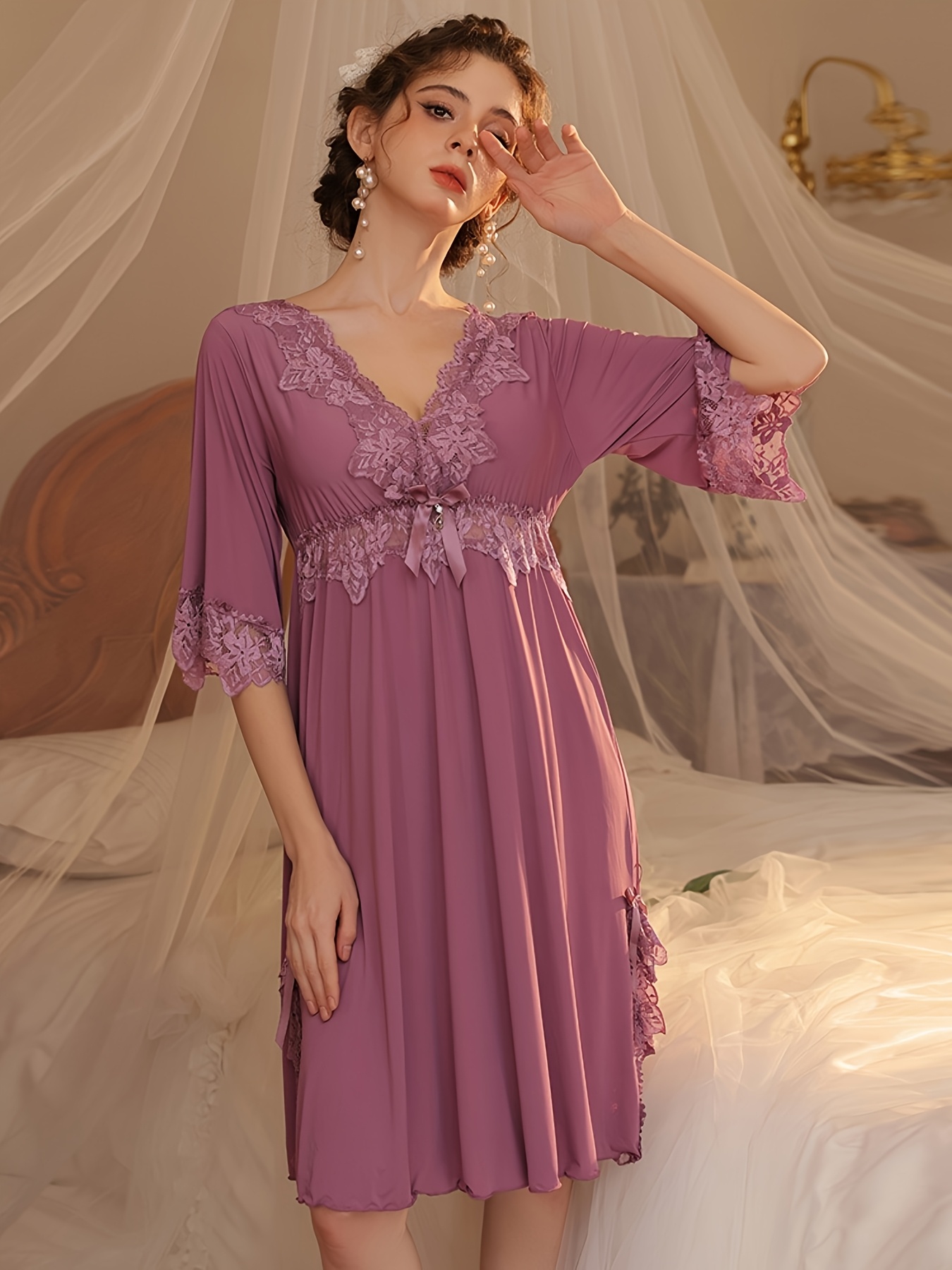 womens elegant lace trim v neck three quarter sleeve sleep - Temu Pakistan