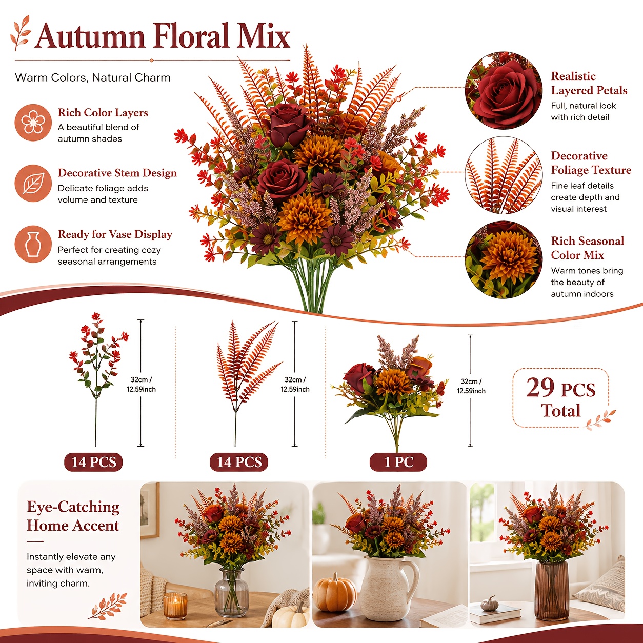 TEMU 29pcs Autumn Warm- Artificial Flower Leaf Mixed , Caramel Orange Wine -colored Bouquet Materials, Flower Branch Mixed Floral Arrangement, Vase