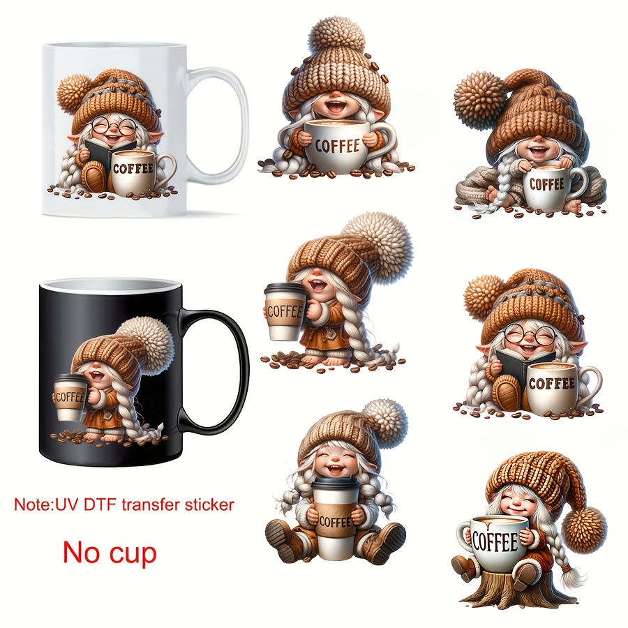 

6pcs Coffee Theme Diy Uv Transfer Transfer - Waterproof Self-adhesive Transfer Paper, Suitable For Mugs, Bottles, Laptops And Other Flat Items, Pvc Material, Cups Not Sold