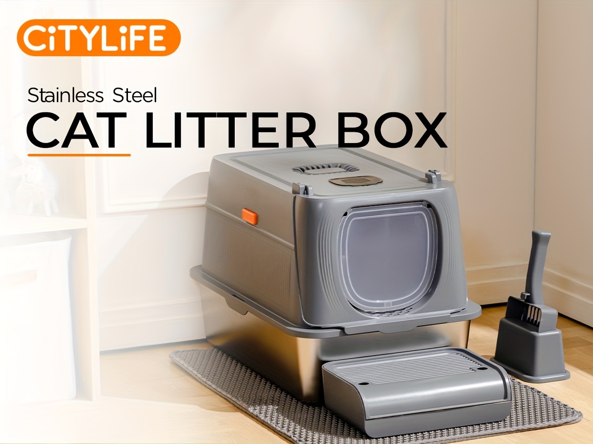 CITYLIFE Extra Large Stainless Steel Cat Litter Box, Fully Enclosed Cat Litter Box With Lid, Foldable Anti-Splashing Cat Litter Box With Front Flap Door, Cat Toilet For Indoor Cats, Top Deodorization Pet Toilet