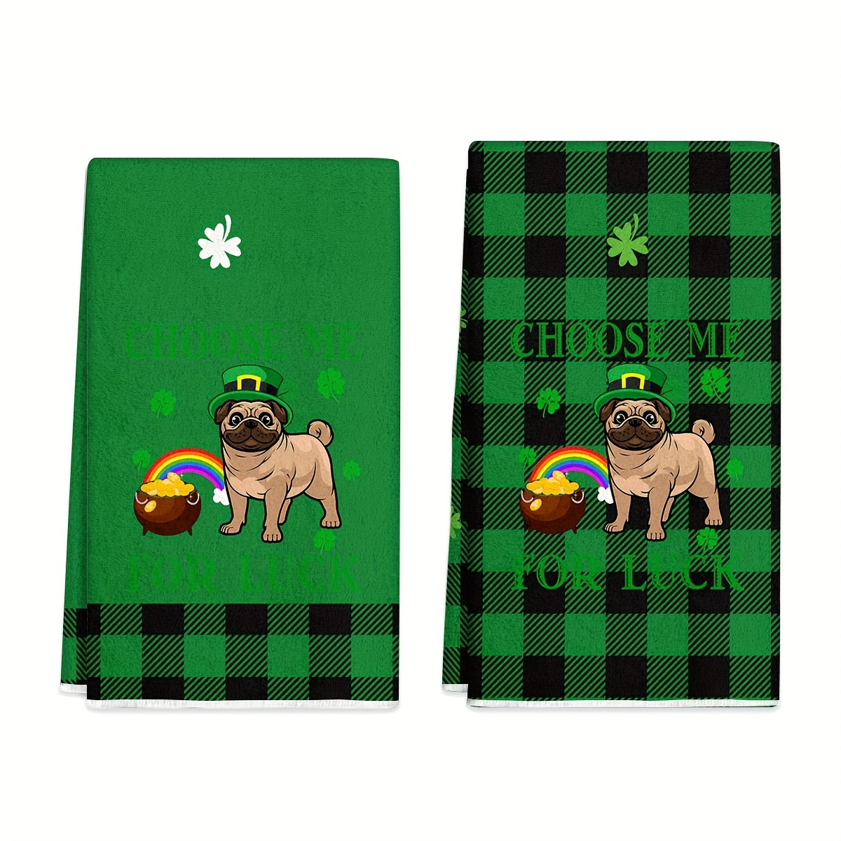 

2pcs Modern Polyester Kitchen Towels, Ultra Fine Knit Fabric Dish Cloths, Machine Washable Cartoon Pug & Clover Pattern, For Home Decor, Hand Towels For Kitchen & Bathroom