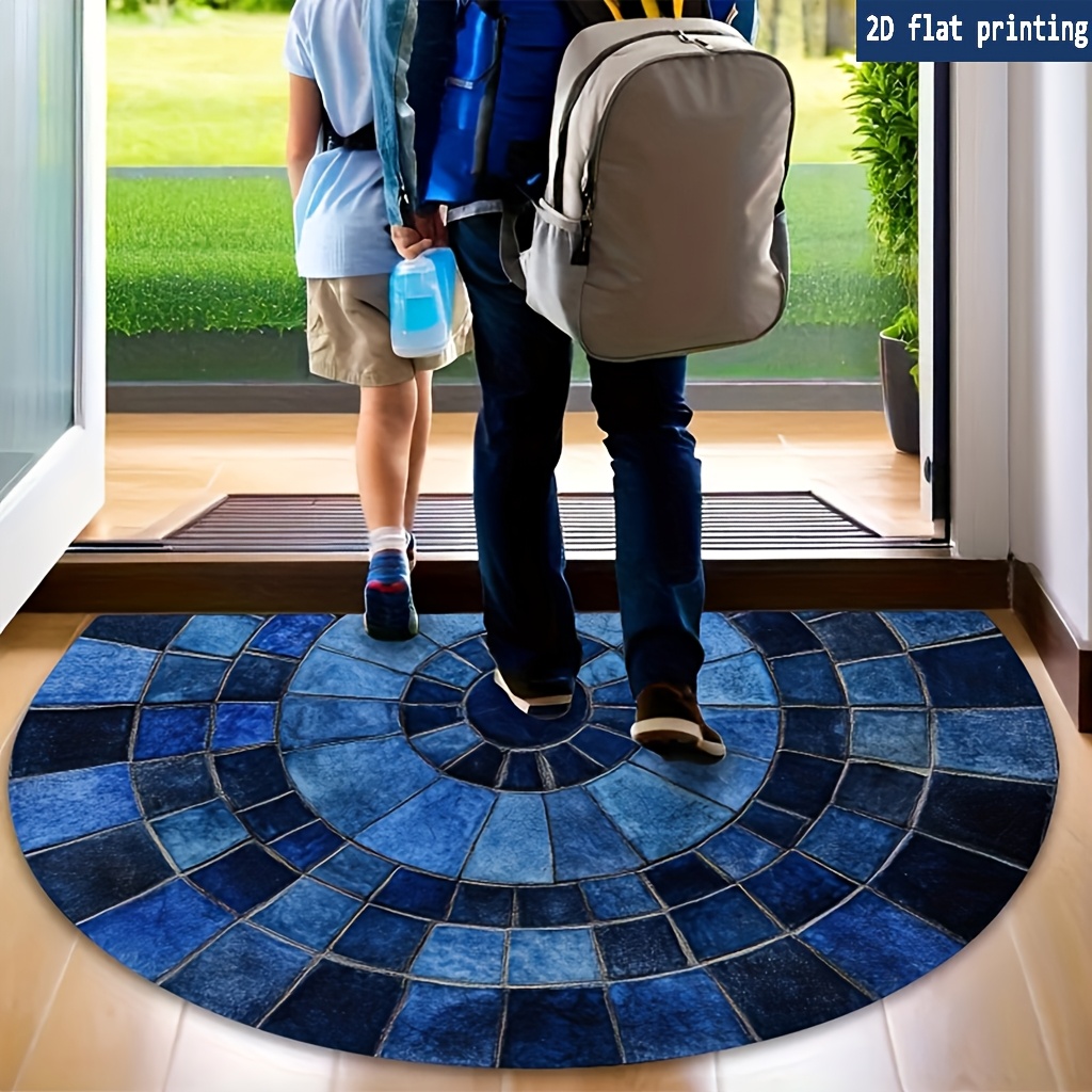 TEMU 2d Printing Outdoor Doormat 1pc Navy Blue And Cobalt Blue Gradient Mosaic Semi-circle Welcome Mat, Suitable For Indoor And Outdoor Environments,