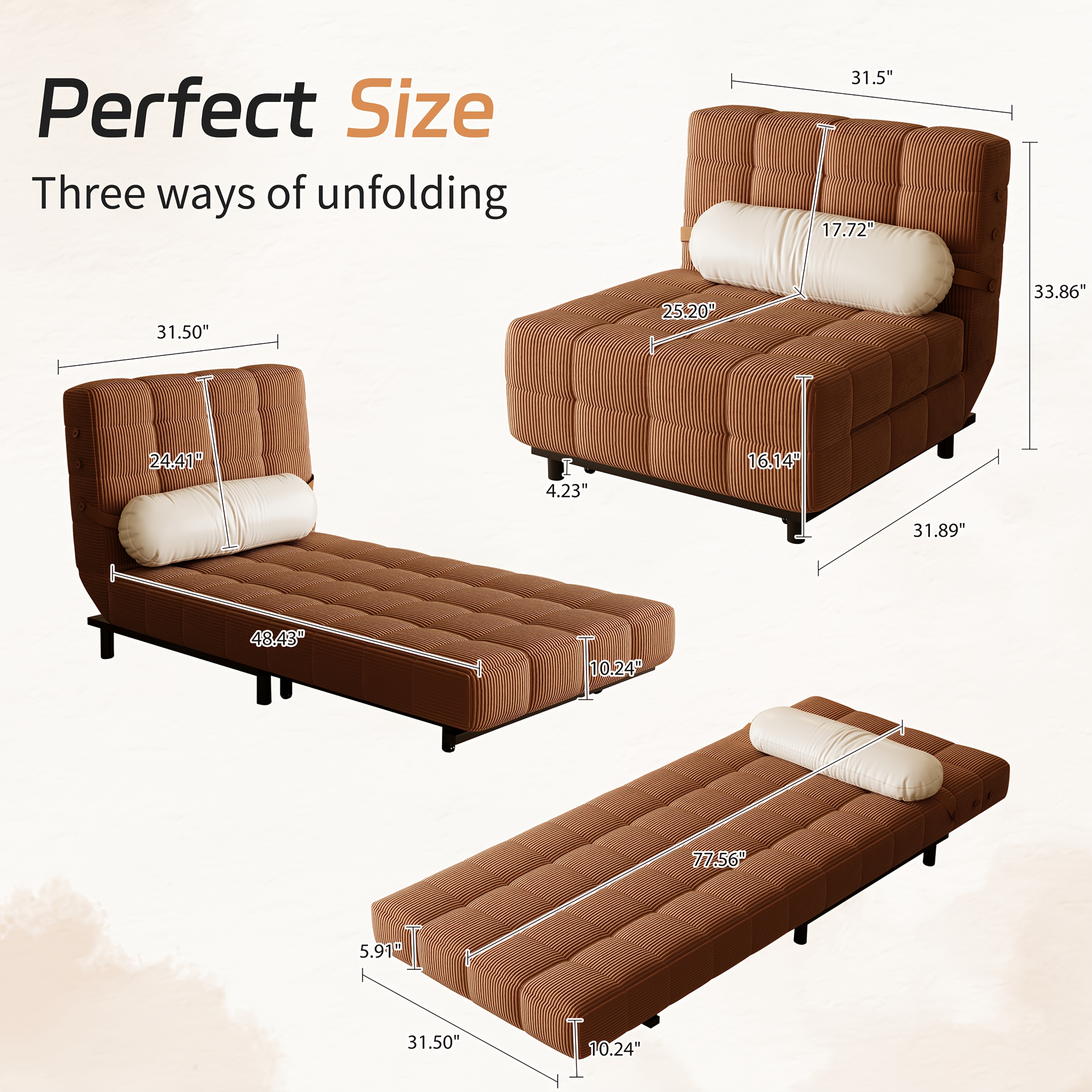 Foldable Corduroy Sofa Bed - Multi-Functional