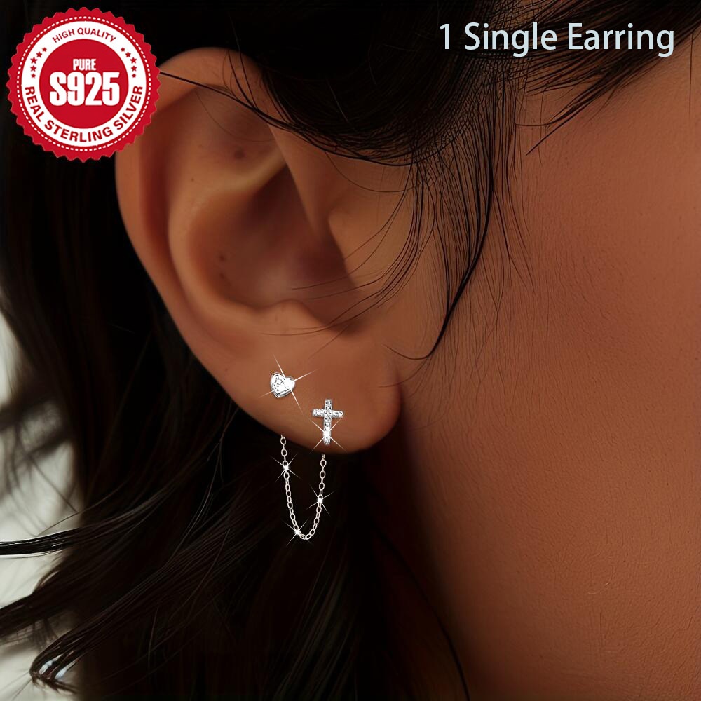 Image of S925 Silver, Single Pack, Heart-shaped Cross Chain Stud Earrings, Romantic And Fashionable, Easy Design, Suitable For Daily Parties And Many Occasions, Holiday Gift For Women, Hypoallergenic