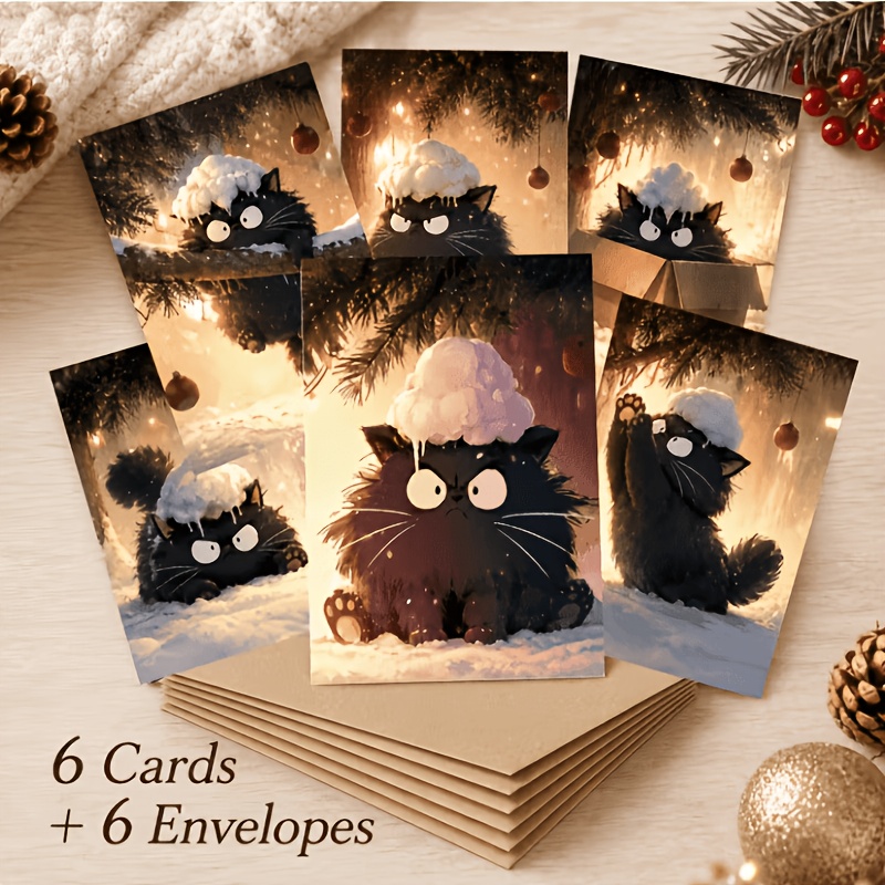 TEMU 12pcs Set Of Christmas Greeting Cards With Envelopes, Featuring An Adorable Black Cat In A Snowy Scene Design With Warm, Tones. Suitable For