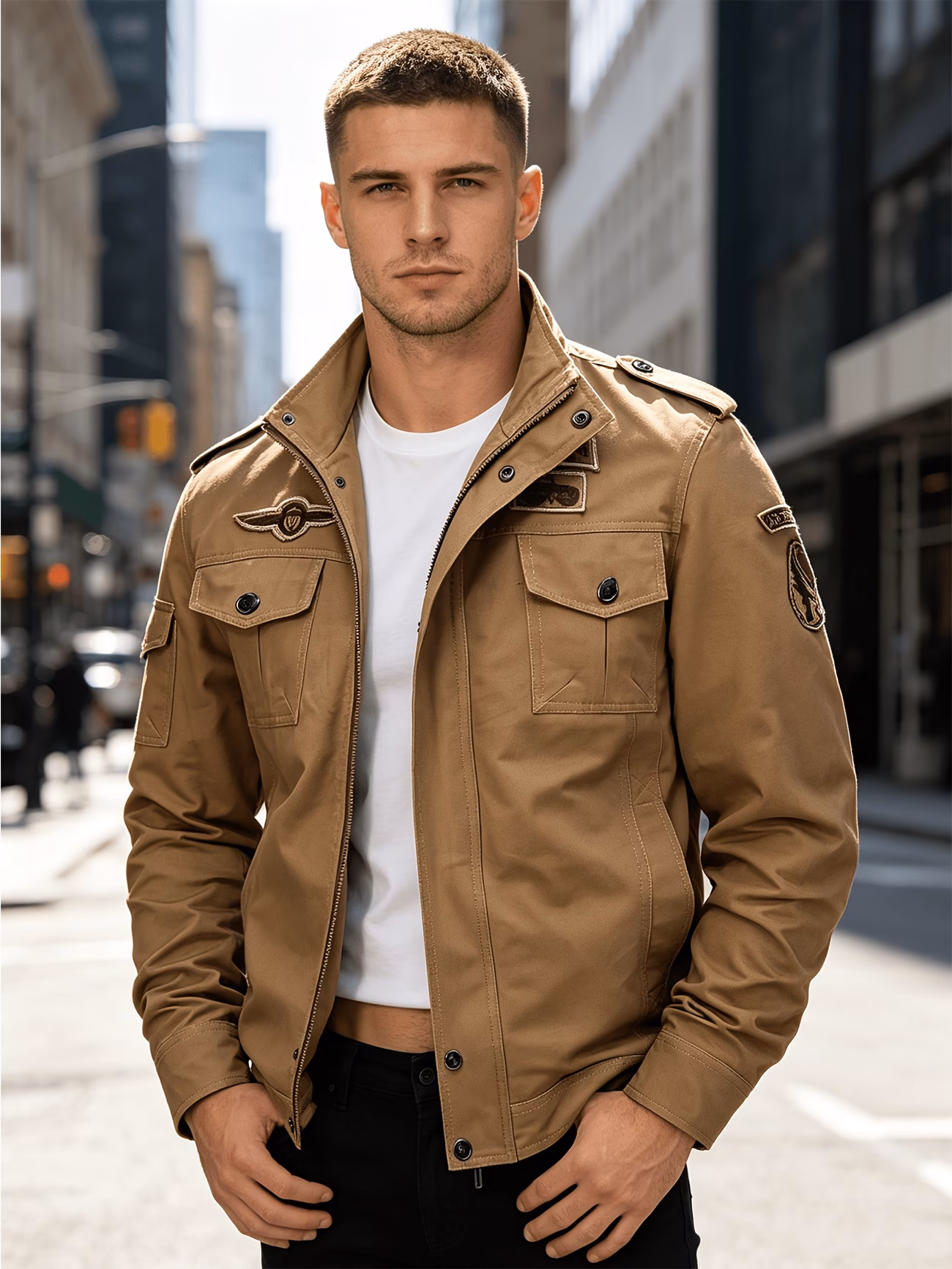 mens vintage cargo jacket multi pocket embroidered stand collar autumn winter casual coat 0