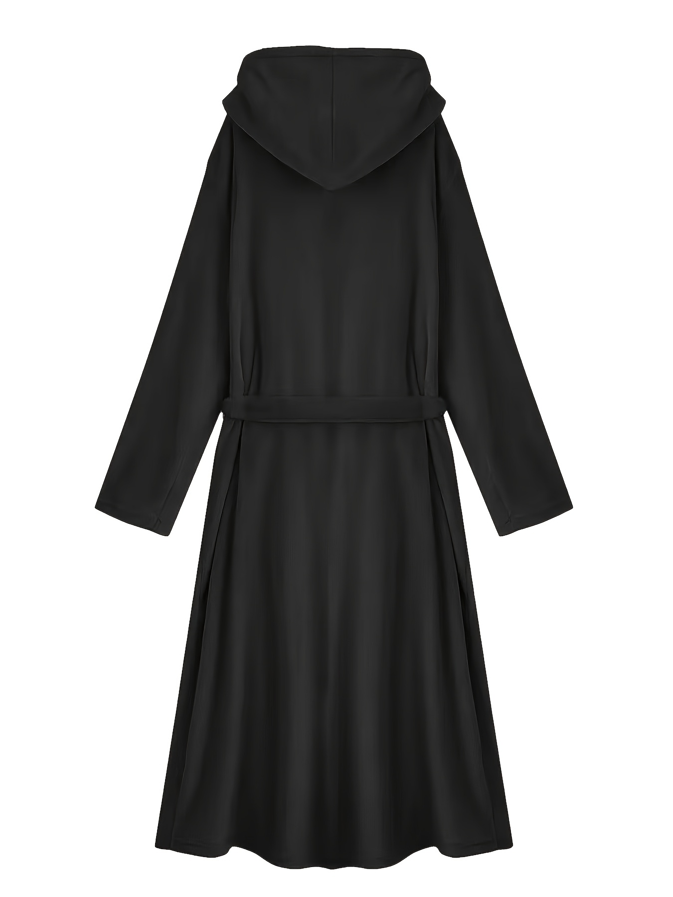 Men's Long Black Fleece Bathrobe with Double Hood - Soft, Breathable, Adjustable Belt, Solid Color, Ideal for Autumn/Winter Comfort