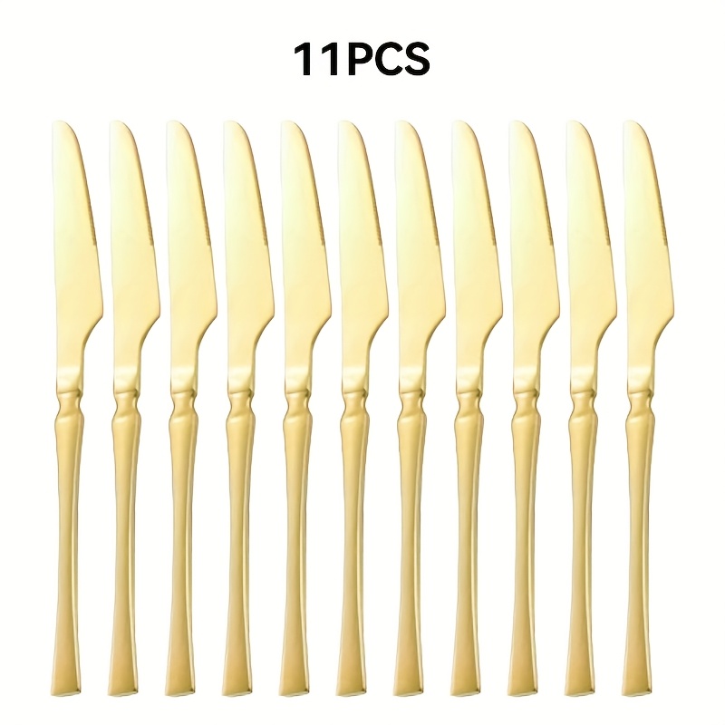 11pcs 골든 스테인레스 스틸 나이프 세트, 현대적인 우아한 플래트웨어, 미러 폴리시 칼날, 크리스마스, 최고의 생일 결혼식 선물에 이상적입니다.