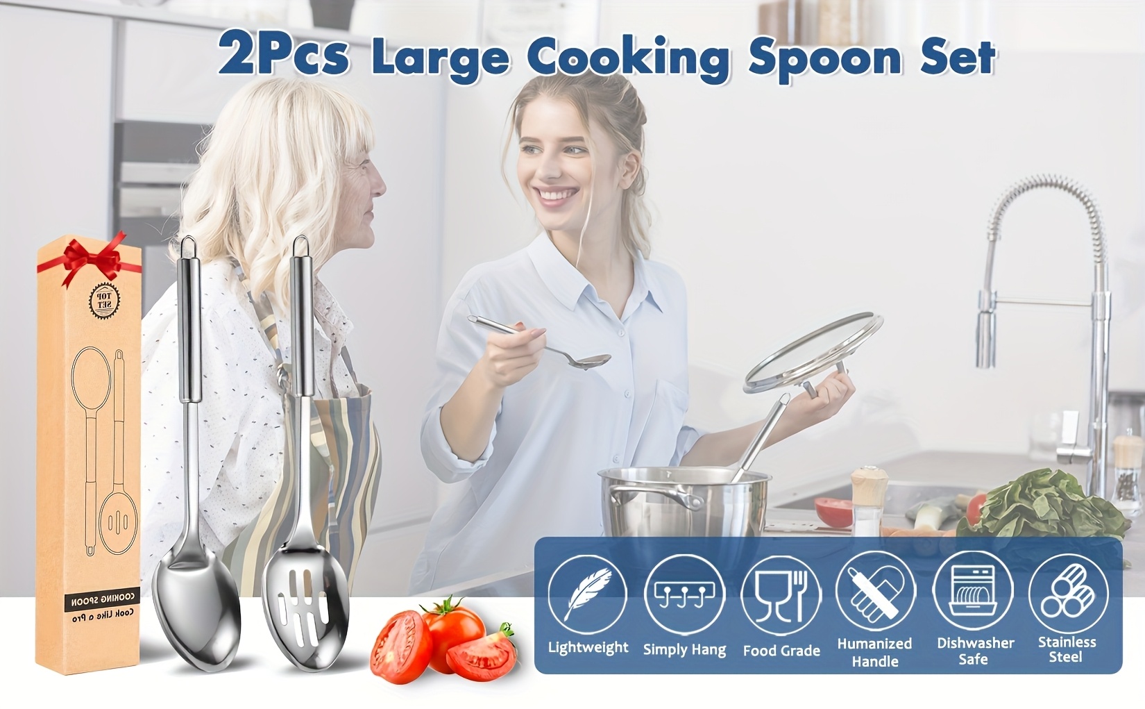 cooking spoon set 2pcs stainless steel cooking utensils set kitchen utensil set serving spoon slotted spoon heat resistant handle dishwasher safe easy to clean details 0