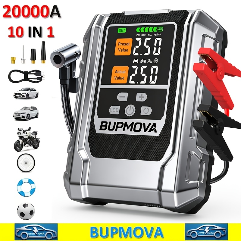 Image of Car Jump Starter With Air Compressor, Emergency Supply, Cordless Tire Inflator, With Power Bank, Jump Box With Led Light Lcd Screen (up To 14.0l And All Displacement Gasoline Engines)