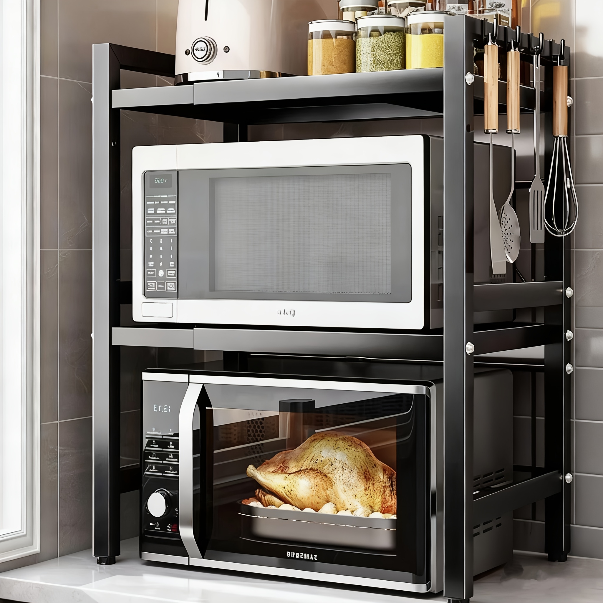 TEMU Heavy-duty Adjustable Microwave Stand With Storage Shelf & 6 Hooks - Extendable 2-tier Carbon Microwave Oven Rack, Space-saving Countertop