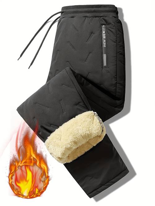 mens winter fleece lined warm long pants padded temperature casual pants with zipper pockets elastic waistband snow pants suitable for outdoor severe cold weather