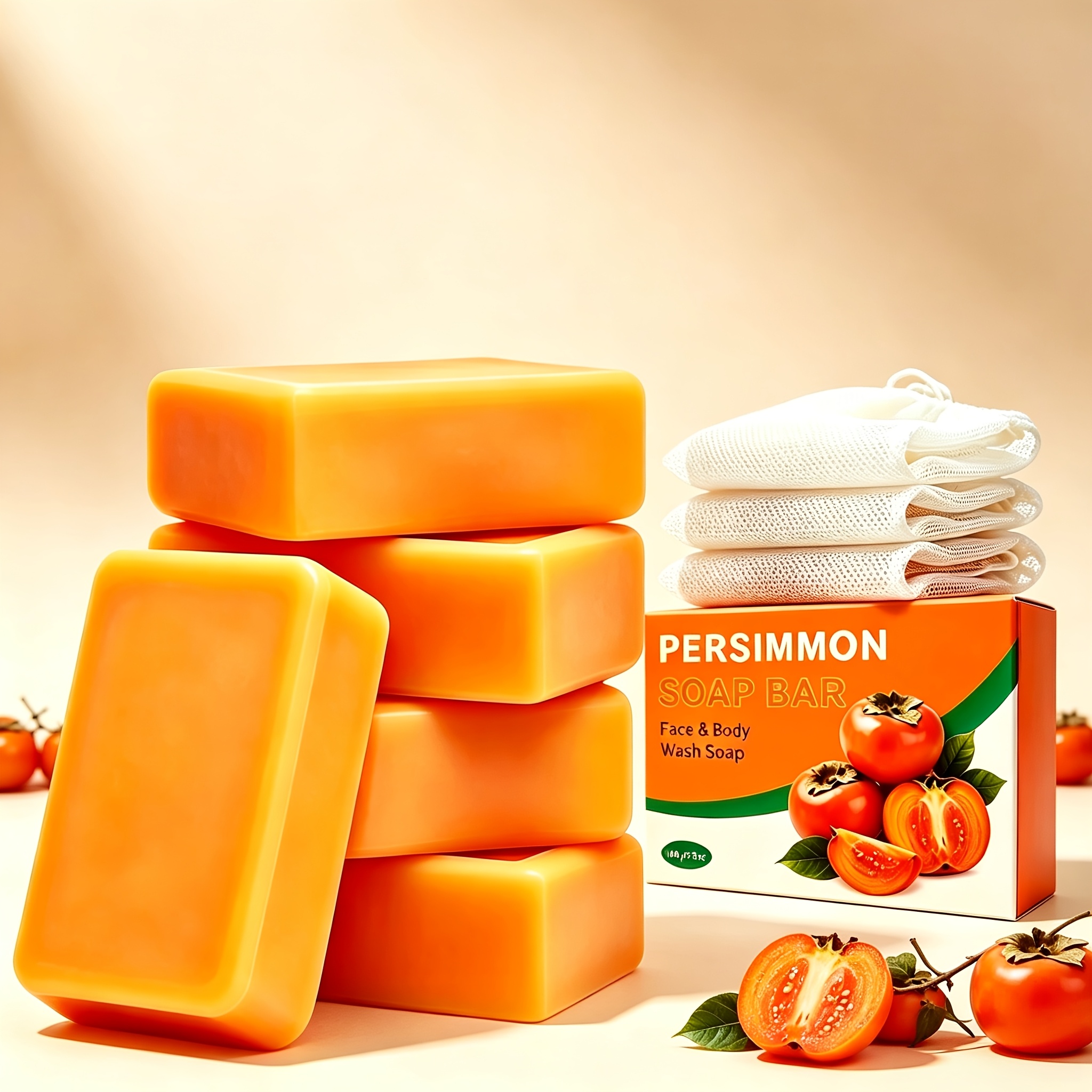 TEMU 10pcs Set (5pcs Persimmon Soap Bars And 5pcs Foaming Nets) Persimmon . Multipurpose Soap For Cleansing Face, Body, Hands, And Feet. Moisturizing