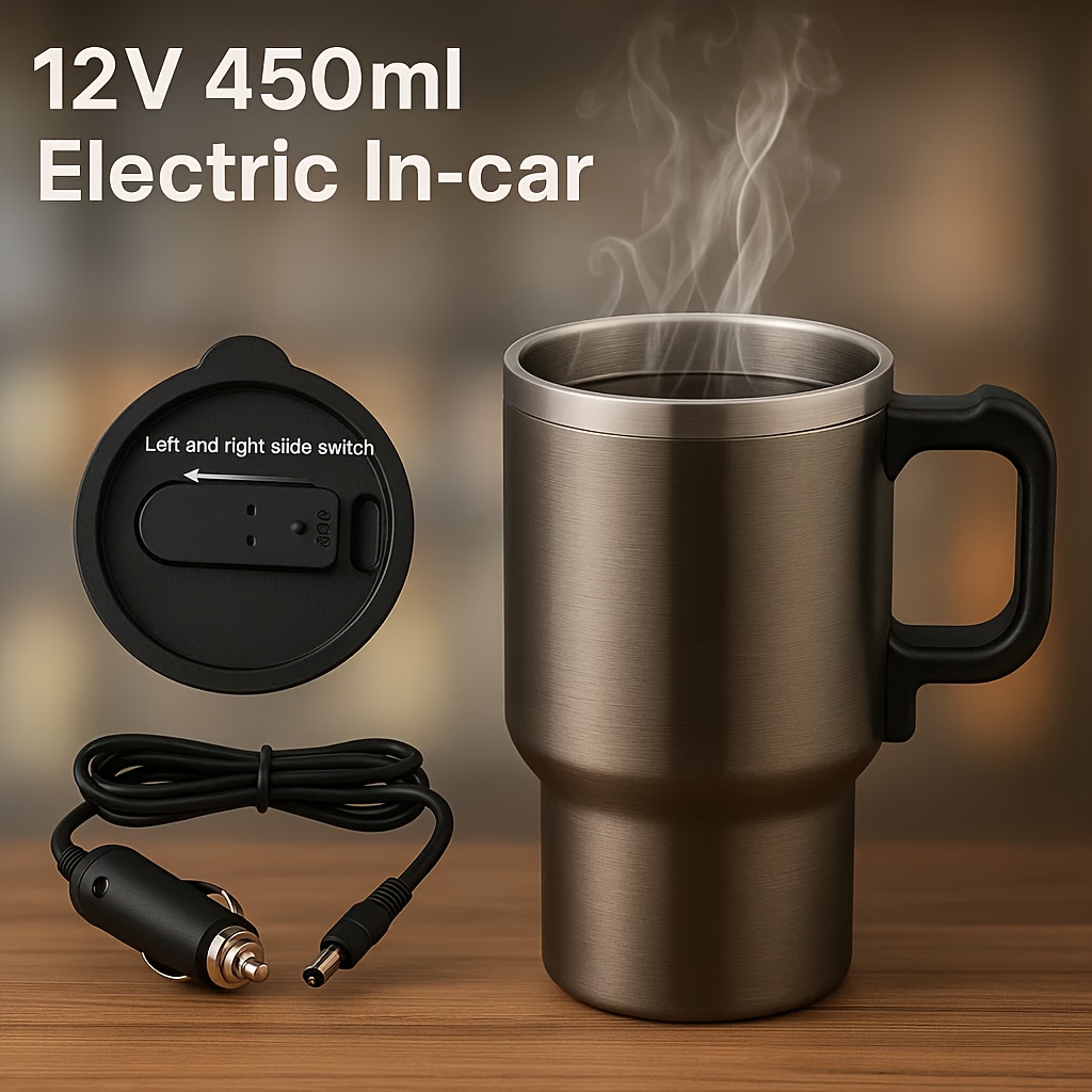 TEMU 2026 Upgraded 450ml 12v Electric Heated Car Vacuum Cup Double Layer Stainless Steel Portable Design Ideal For Home And Travel Moment
