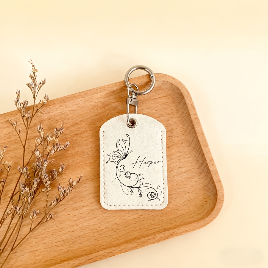 Custom Name Text Butterfly Keychain, Personalized Faux Leather Key Card Holder