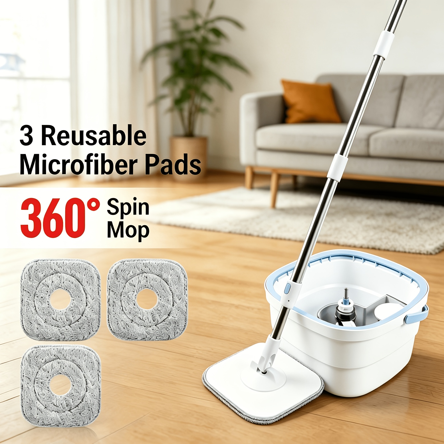 Image of 1 Set Of Cleaning Mop And Bucket Set With 3 Original Mop Cloths, Rotating Mop Head, Adjustable Handle, Stainless Steel Handle, Suitable For Home And Office Kitchen And Bathroom Cleaning