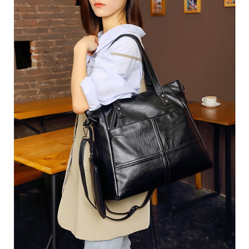 

Stylish European And American Tote Handbag For Women, Large Capacity Shoulder Bag With Detachable Strap, , Pu Material, Zip Closure, Ideal For - Black, Purse Handbag