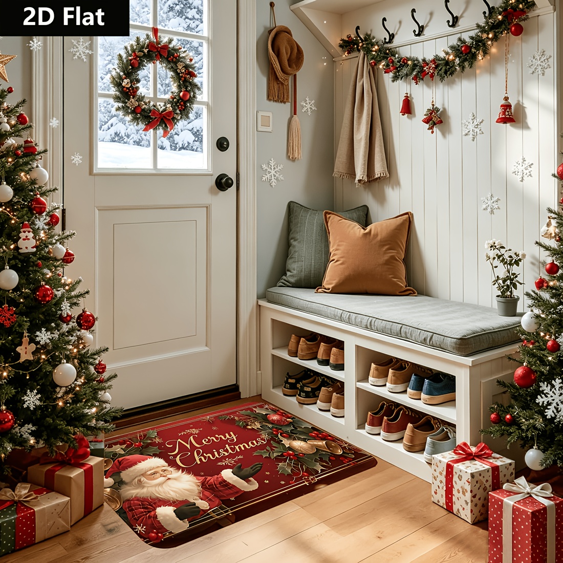 Image of 1pc Christmas Santa Claus Pattern Door Mat For Home Holiday Decor, Machine Washable, Wash Basin Bathtub Side Non-slip Mat, Indoor&outdoor Home Welcome Mat