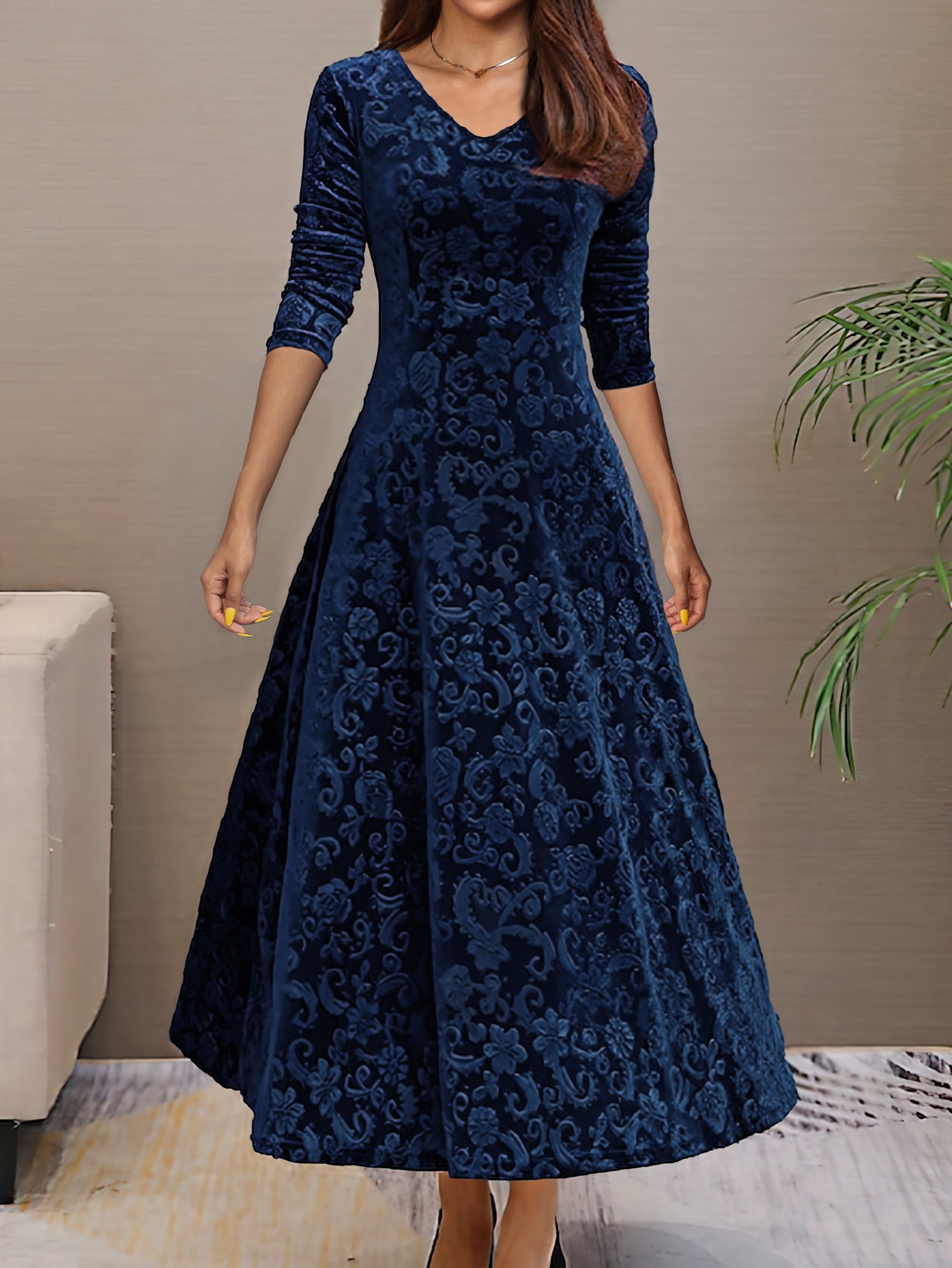 Boho Embroidered Velvet Dress - Long Sleeve Blue Floral Wedding Guest Dress With V-Neck