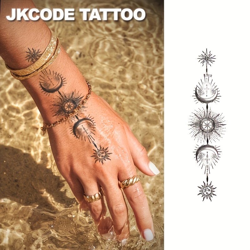 Waterproof Semi-permanent Tattoos, Hands, Feet, Ramadan Eid Temporary Tattoos, Sun And Moon, Leaves, Crescent, , Botanical, Minimalist, Hand-drawn, Lasts 15 Days, Tattoos For Women.