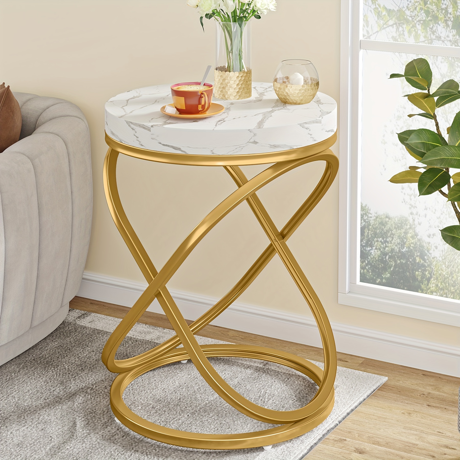

Little Tree 26 Inches White And Gold Faux Marble Top End Tables Living Room, Round Nightstands Sofa Side Table With Double X-shaped Ring Unique Design For Bedroom