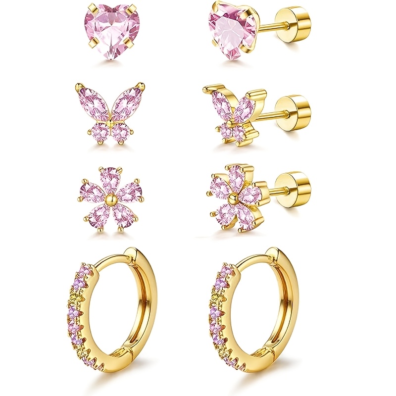 TEMU Set Of 4 Pairs Of Women's Hypoallergenic Stud Earrings, Small-sized Earrings With Floral, Heart, And Designs, Cute Earrings For