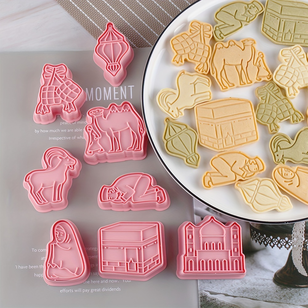 8pcs mubarak cookie stamp set 3d cartoon designs islamic muslim biscuit impressers with plunger cutters for eid thanksgiving baking details 9