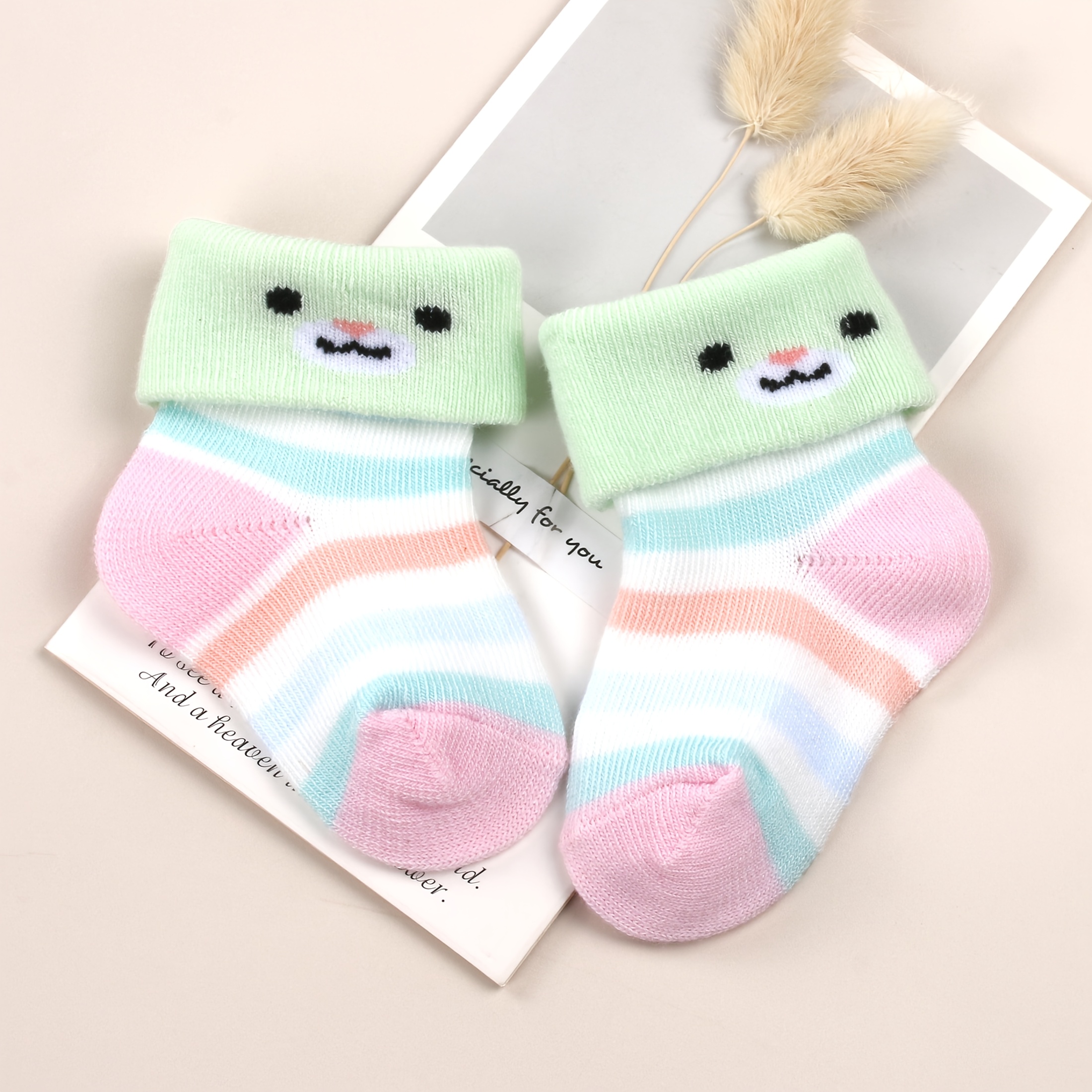 5 Pairs of Cute Cartoon Animal Pattern Socks for Infants and Young Children; Macaron Striped Cuffed Design Baby Socks; Skin Friendly, Comfortable, Breathable Newborn Sock Set; Baby Gift