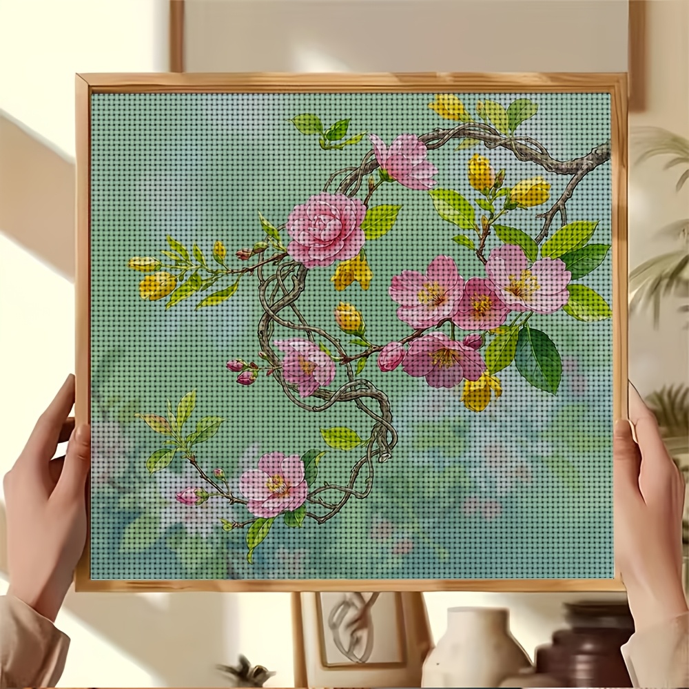 New Cross Stitch Printed Kit, Frameless, "Pink Yellow Flower Green Leaf"