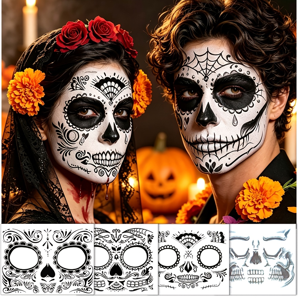 Image of Set Of 4 Temporary Tattoos Featuring Designs, Including Spooky Skeleton Faces. Full-face Tattoos Are Perfect For Halloween Celebrations, Rave Festivals, And Makeup For Dancing Parties