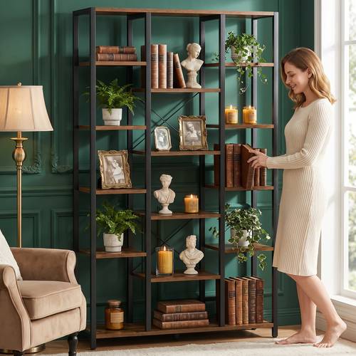 6 tier retro industrial style bookcase 15 compartment open shelving unit adjustable shelf x shaped reinforced back panel for stability suitable for living rooms and offices storage unit