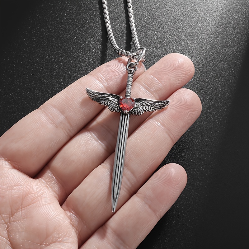 Vintage Red Cubic Zirconia Love Wings Sword Pendant Necklace
