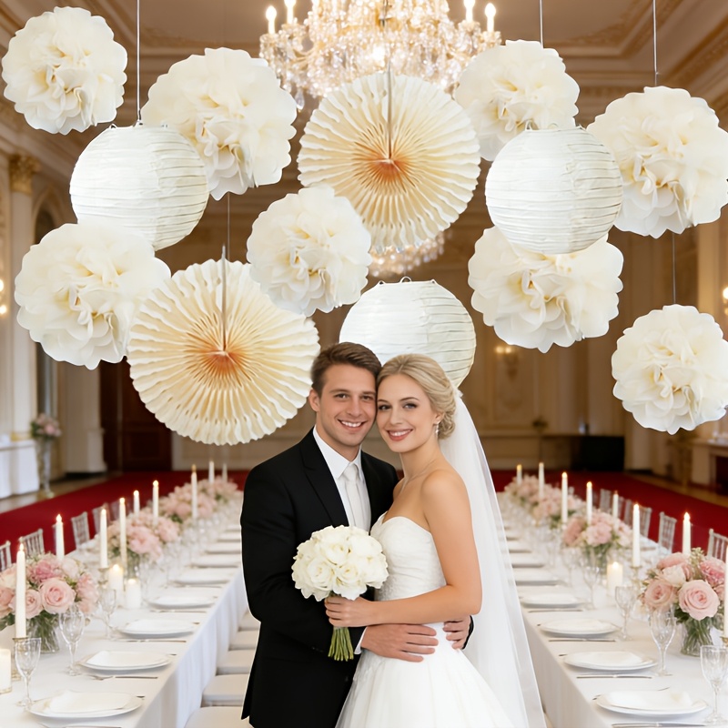 Image of 13pcs Ivory Paper Craft Hanging Decor, Hollow Out Fans Pom Poms Lanterns, Ornaments For Wedding Christmas Garden Party Hall Ceiling Arrangement