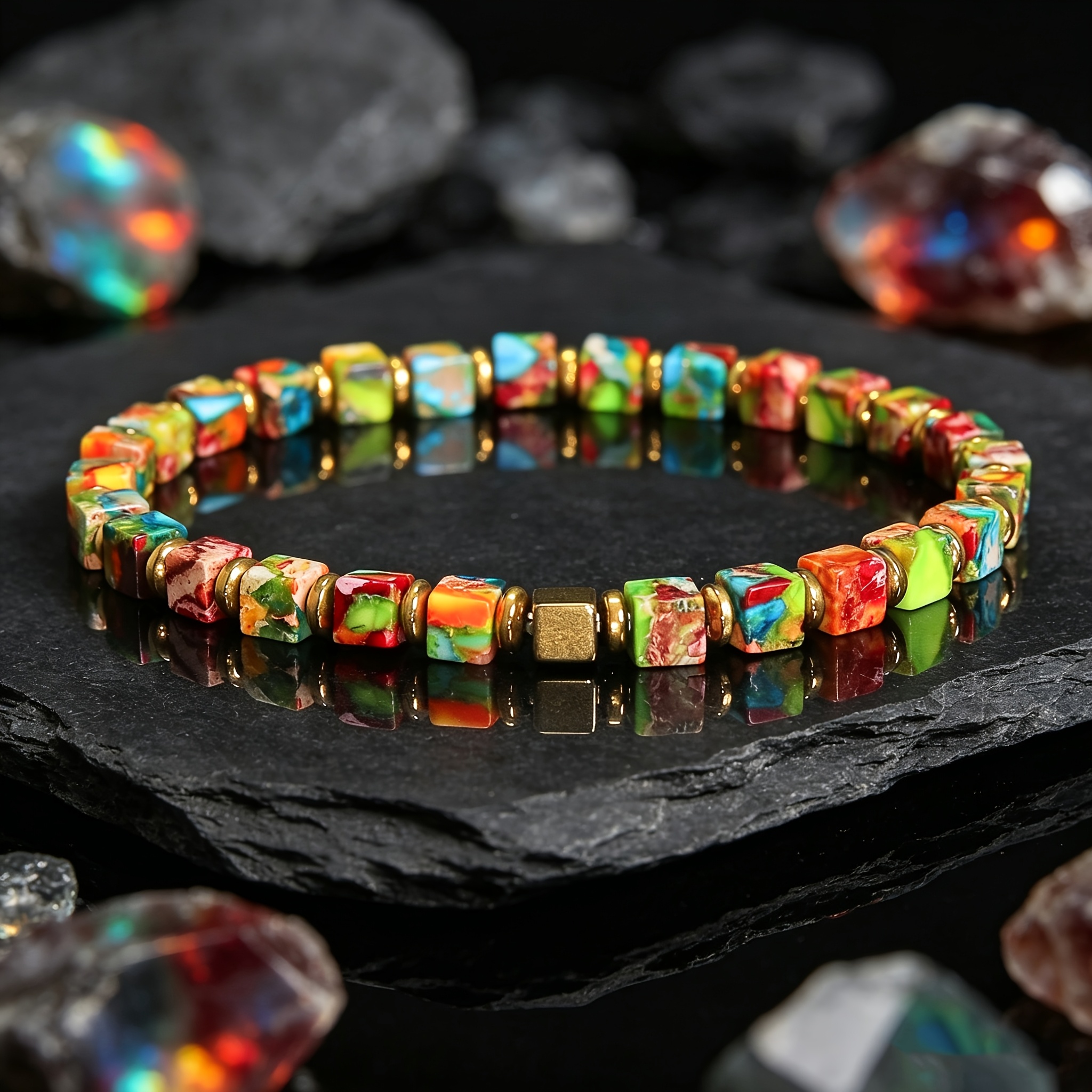 TEMU 1pc Retro Boho Colorful Jasper Stone Bracelet With , Stretch Adjustable Design, Symbol Of Money, Handmade Natural Stone Accessory, Unisex, For