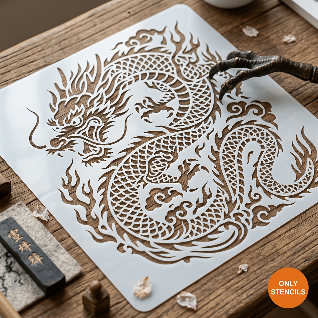 TEMU 【商品名】中国風 龍 テンプレート セット 壁絵画 アート 手作り デコレーション 使い回せるプラスチック製 ペイント テンプレート 飛竜柄 テンプレート ホーム 壁 床 家具 デコレーション 手作り クリップ カード 製作